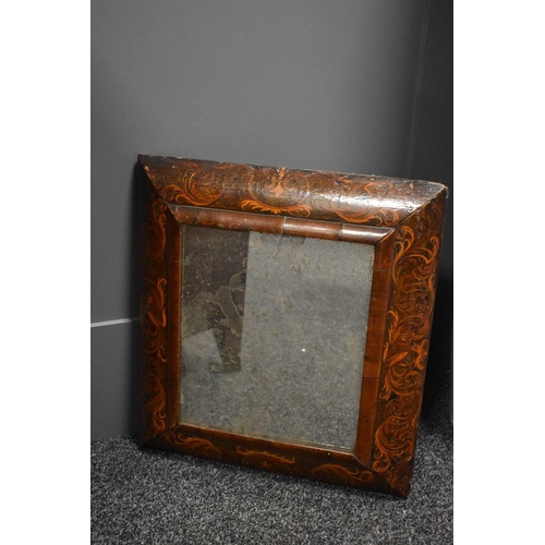 124 - A Queen Anne period walnut seaweed marquetry cushion mirror, with the original rectangular mirror, 5... 