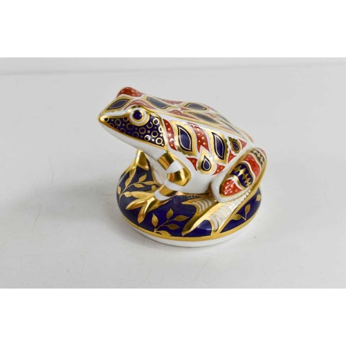 155 - A Royal Crown Derby paperweight in the form of a frog, gold stopper, 8cm high.