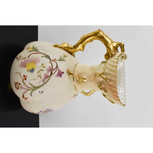 158 - A Royal Worcester blush porcelain jug with gilt branch form handle, 19cm high, decorated with flower... 