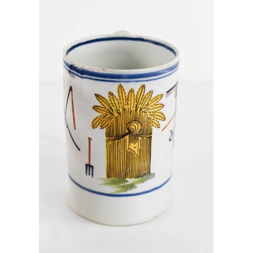 183 - A rare English late 18th / early 19th century tankard, pearlware pottery, depicting wheat sheaf, and... 