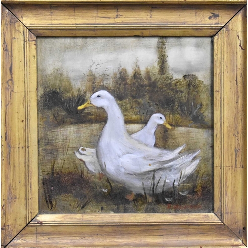 2 - J Hensser (20th century): Two ducks, oil on board, signed lower right, 18 by 18cm.