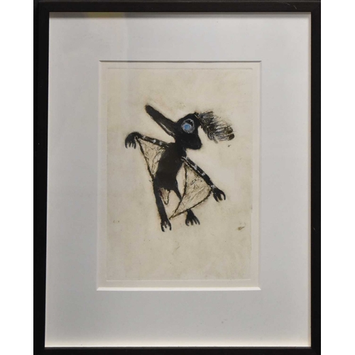 20 - A 20th century hand coloured aquatint, depicting flying creature, 31 by 22cm.