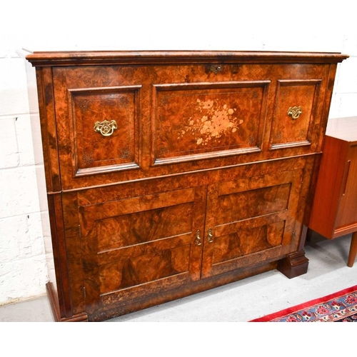 446 - A Victorian burr walnut converted upright piano drinks cabinet, the fall front with central marquetr... 