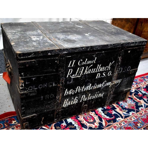 448 - A large century pine travelling trunk with later inscription to the front of the trunk which reads L... 