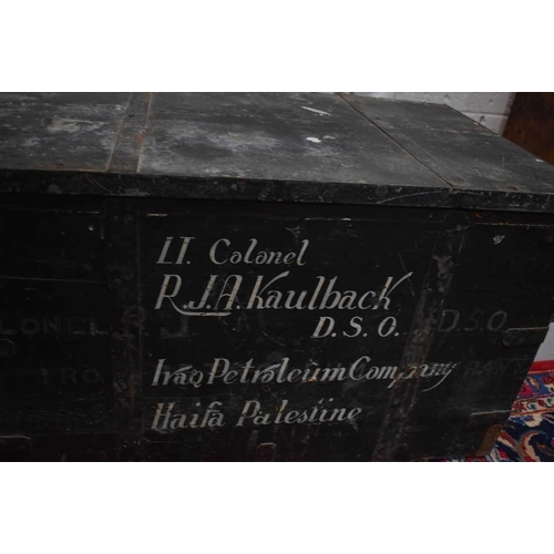 448 - A large century pine travelling trunk with later inscription to the front of the trunk which reads L... 