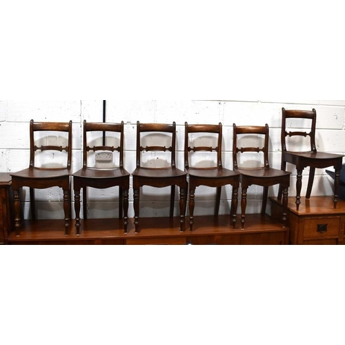 456 - A set of six oak Victorian dining chairs of small proportions with bowed single plank seats and turn... 