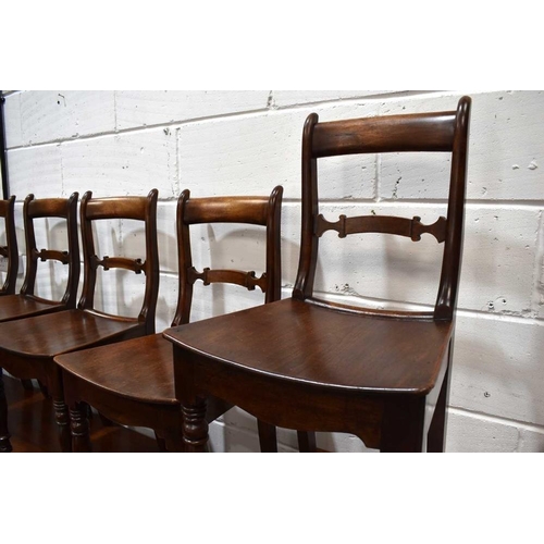 456 - A set of six oak Victorian dining chairs of small proportions with bowed single plank seats and turn... 