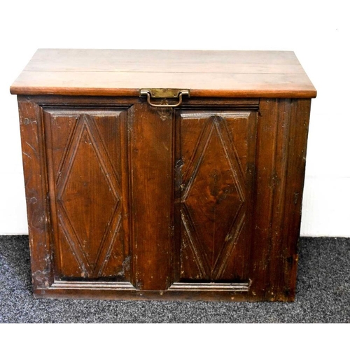 461 - An 18th century and later box, the early panelled front having a 19th century hinged lid with hoop h... 