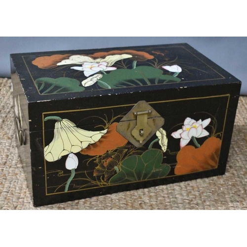 471 - A small Chinese chest, the black ground painted with water lilies and lotus buds, with script and si... 