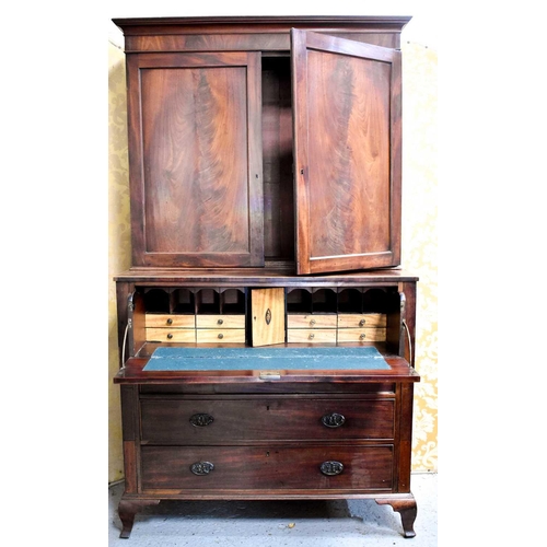 472 - A 19th century secretaire bookcase, the top section having two panelled flame mahogany drawers enclo... 