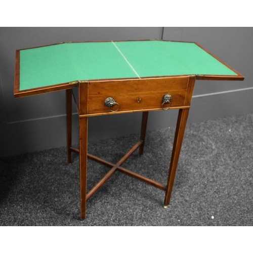 473 - A Regency period mahogany work table, the bifold top opens out to reveal a baise lined top, above a ... 