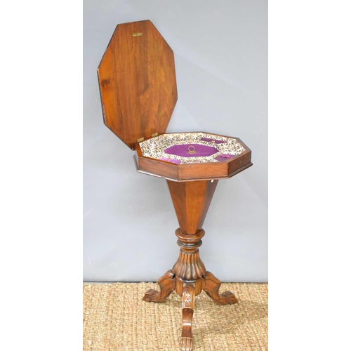 475 - A Victorian burr walnut trumpet workbox with octagonal shaped top, inlaid with foliate scrolls and a... 