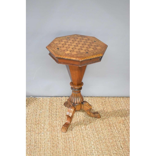 475 - A Victorian burr walnut trumpet workbox with octagonal shaped top, inlaid with foliate scrolls and a... 