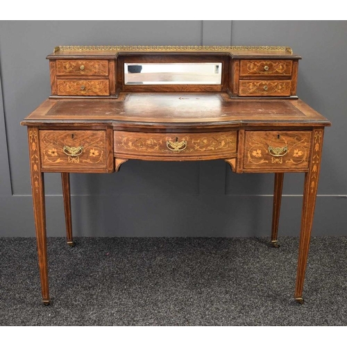 480 - A 19th century rosewood marquetry Bonheur de Jour, the raised back having a galleried rail and bevel... 