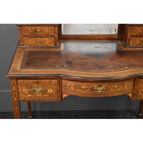 480 - A 19th century rosewood marquetry Bonheur de Jour, the raised back having a galleried rail and bevel... 