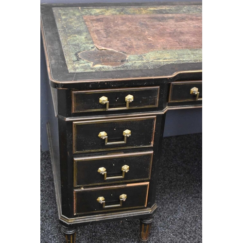 485 - A Regency period ebonised ladies desk, manner of Gillows, with gilt brass handles and beading, and a... 