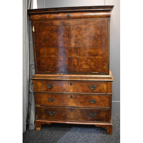 497 - An 18th century burr walnut escritoire, the fall front opens to reveal an interior of drawers and co... 