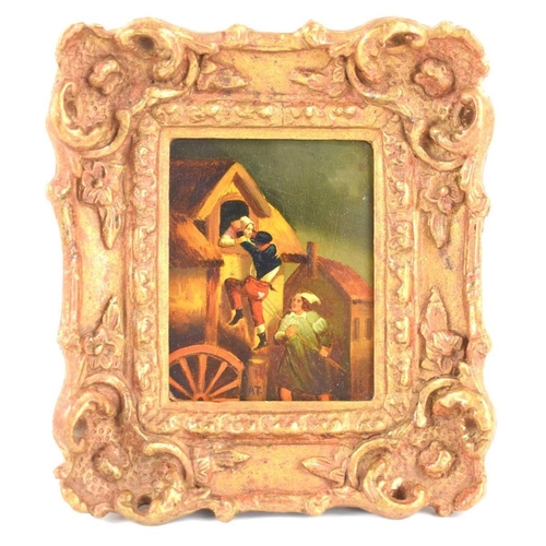 50 - A 19th century Dutch School miniature painting, oil on tin, depicting a farmer taking revenge on a w... 