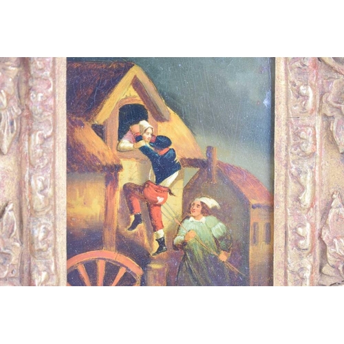 50 - A 19th century Dutch School miniature painting, oil on tin, depicting a farmer taking revenge on a w... 