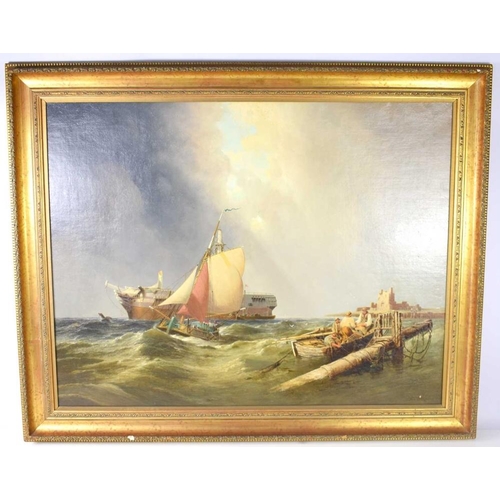 54 - A 19th century oil on board, fishing boats in stormy seas, indistinctly signed and dated 1861, 88cm ... 