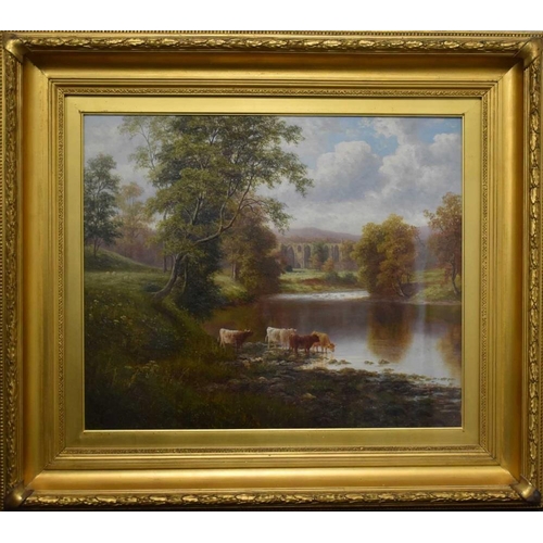 56 - Attributed to William Mellor (1851-1931): Bolton Abbey, viewed from the river with cattle in the for... 