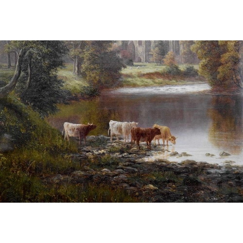 56 - Attributed to William Mellor (1851-1931): Bolton Abbey, viewed from the river with cattle in the for... 