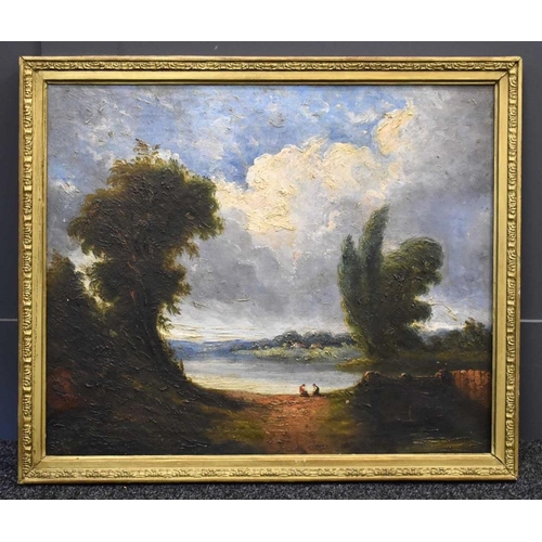 61 - Manner of John Constable, a 19th century oil on canvas depicting figures in landscape by a river, si... 