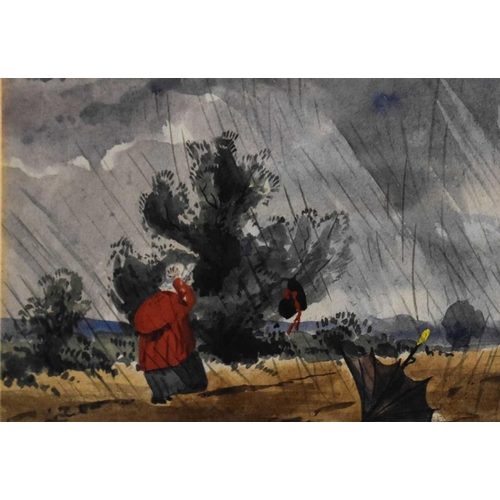 66 - A late 19th / early 20th century watercolour depicting lady in red coat, her bonnet and umbrella fly... 