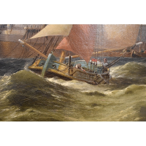 54 - A 19th century oil on board, fishing boats in stormy seas, indistinctly signed and dated 1861, 88cm ... 