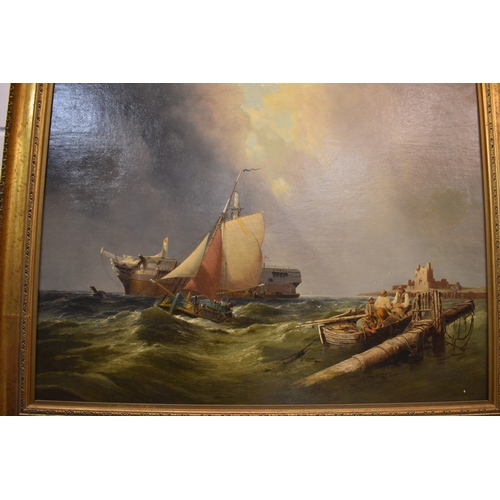 54 - A 19th century oil on board, fishing boats in stormy seas, indistinctly signed and dated 1861, 88cm ... 