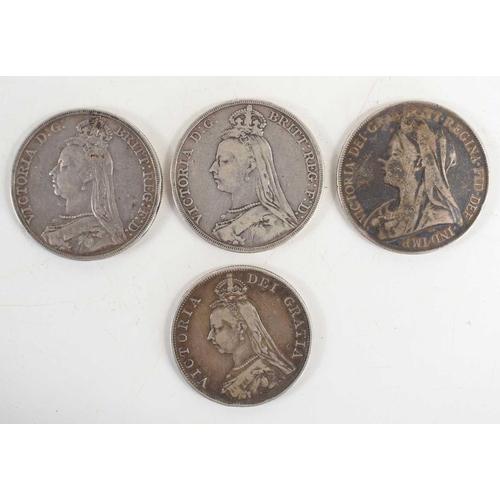 138 - Three Queen Victoria silver crowns together with an 1888 double florin.