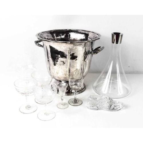 168 - A silver plated wine cooler with twin handles, together with a decanter by Louise Christ Frederikson... 