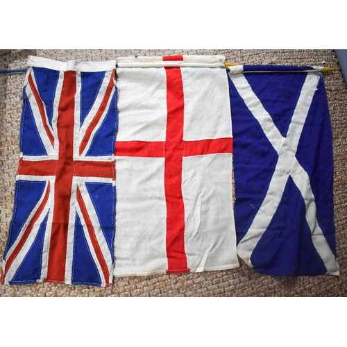 196 - Three vintage flags representing Great Britain, England, Scotland. 92 by 44cm.