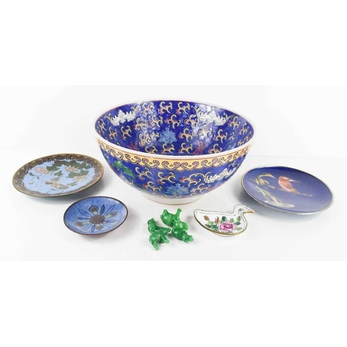 209 - A three Chinese cloisonne dishes, and a Chinese bowl with blue ground decorated with stylised peonie... 