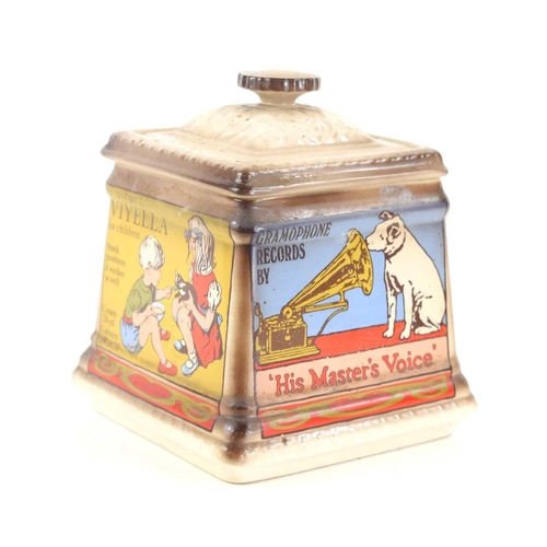 26 - A vintage Staffordshire ceramic advertising biscuit barrel, each side advertising a different produc... 