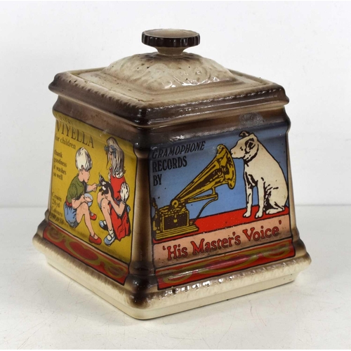 26 - A vintage Staffordshire ceramic advertising biscuit barrel, each side advertising a different produc... 