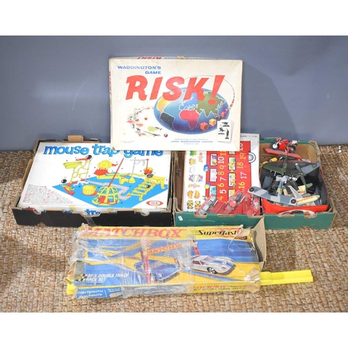 42 - A vintage Matchbox Superfast track race set together with a Mouse trap game, model planes and other ... 