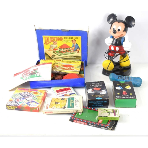 59 - A vintage Bayko No1 building set together with a Mickey Mouse telephone and other items.