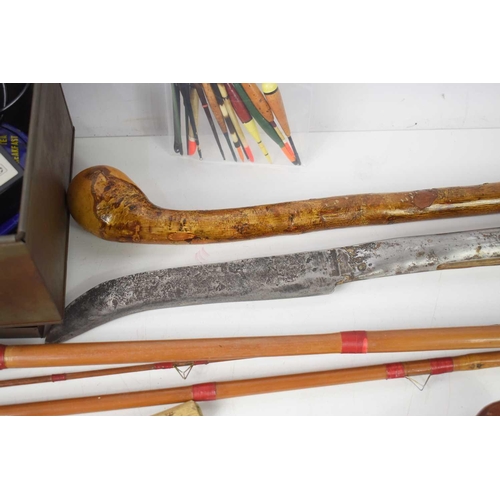 597 - A group of tools, including an Irish scythe, a Shillelagh, vintage saw, files, brass plane, hammer a... 