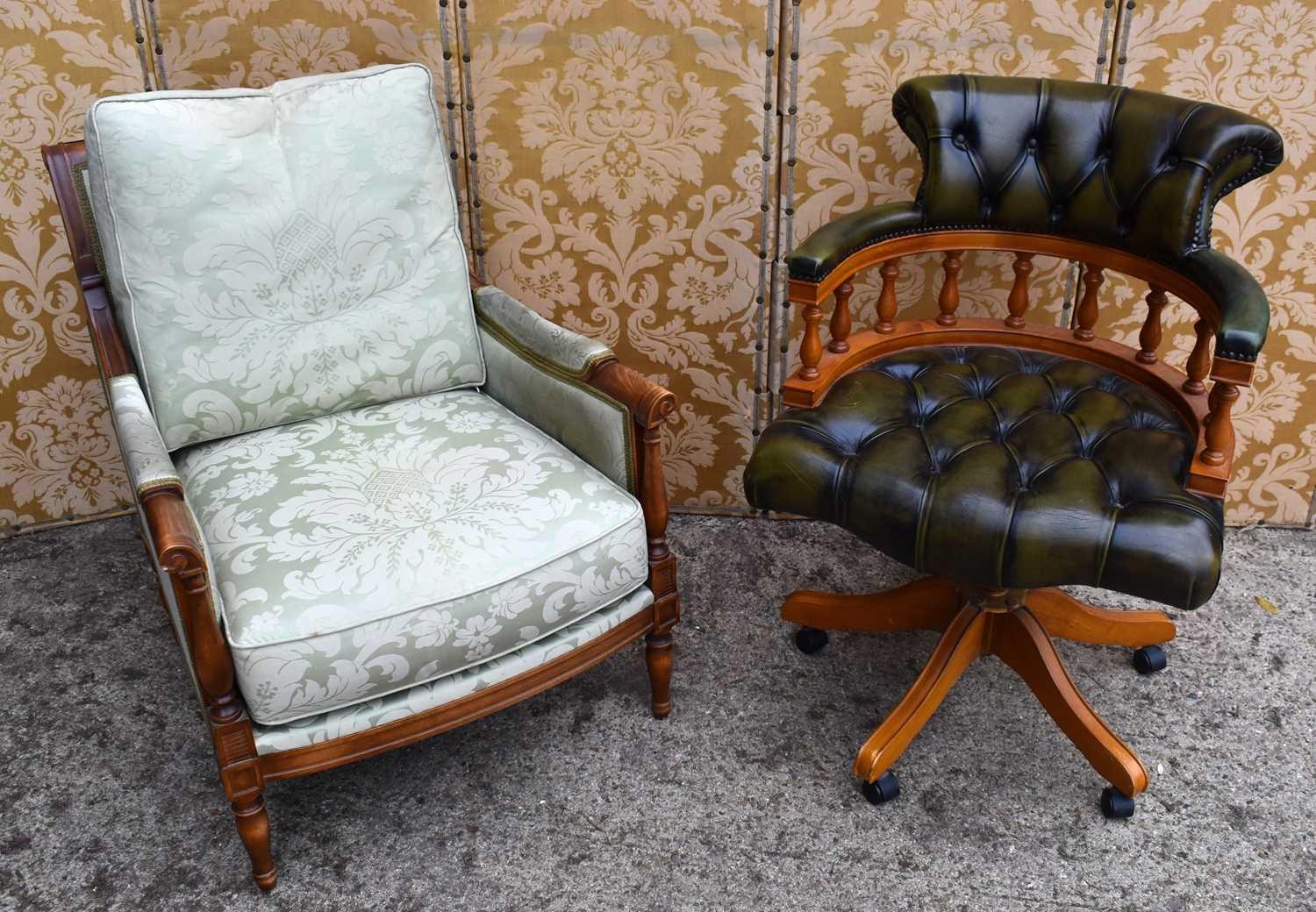 A Wesley Barrell mahogany framed armchair upholstered in Balmoral