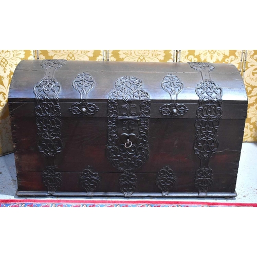 665 - An 18th century Dutch marriage chest of large proportions, with decorative iron strapwork throughout... 