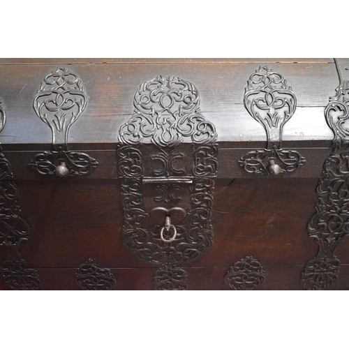 665 - An 18th century Dutch marriage chest of large proportions, with decorative iron strapwork throughout... 