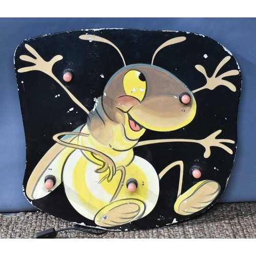 71 - A vintage fairground handpainted wooden panel / display with lights, the panel depicting a bug, 79cm... 