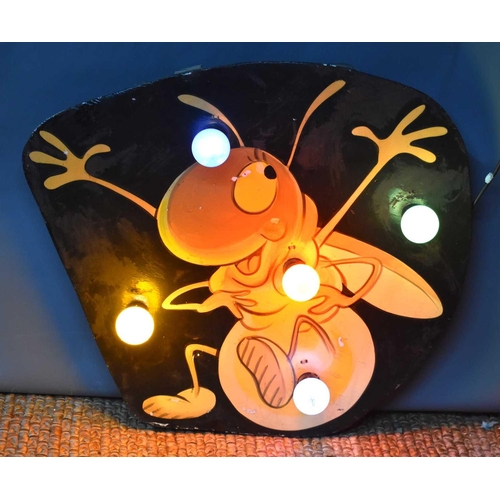 72 - A vintage fairground handpainted wooden panel / display with lights, the panel depicting a bug, 73cm... 