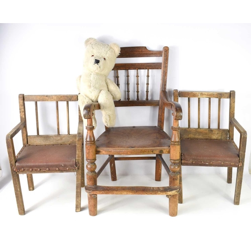 78 - A Childs chair, together with two vintage dolls chairs, and a toy bear.