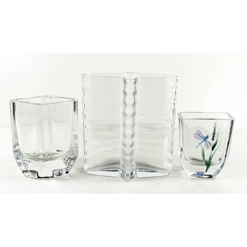 18 - Three glass / crystal vases, one by Kosta Boda, one by Sea of Sweden, hand painted with a dragonfly ... 