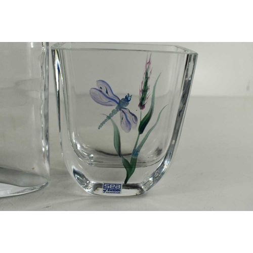 18 - Three glass / crystal vases, one by Kosta Boda, one by Sea of Sweden, hand painted with a dragonfly ... 