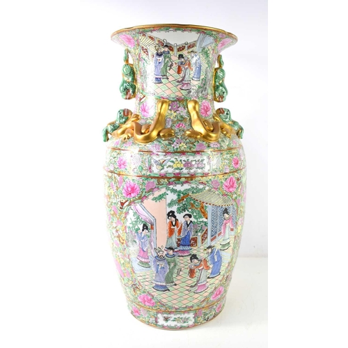 293 - A large 20th century Famille Rose vase, decorated with warriors, court scenes and gilded snakes and ... 