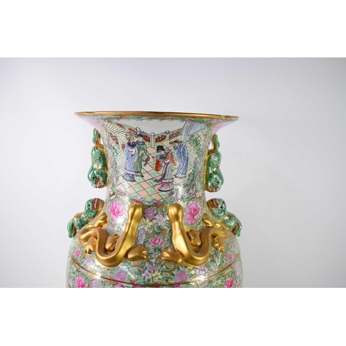 293 - A large 20th century Famille Rose vase, decorated with warriors, court scenes and gilded snakes and ... 