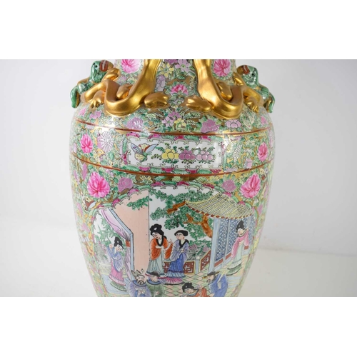 293 - A large 20th century Famille Rose vase, decorated with warriors, court scenes and gilded snakes and ... 